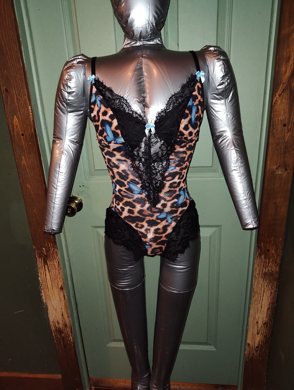 Leopard/Cheetah Print Lace-Trim Bodysuit With Blue Butterflies
